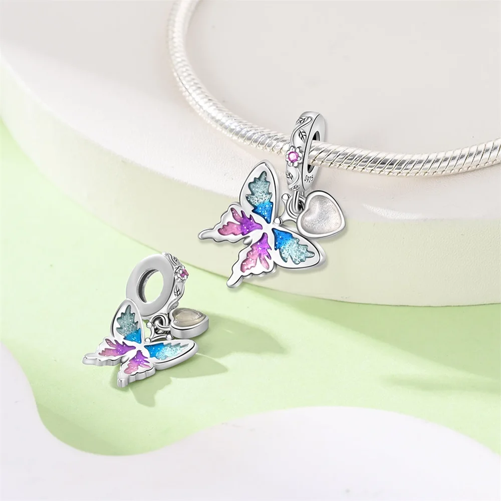 Lovely 925 Sterling Silver Colorful Glowing Butterfly Pendant Fit DlY Bracelet Necklace Romantic Date Accessories for Girlfriend