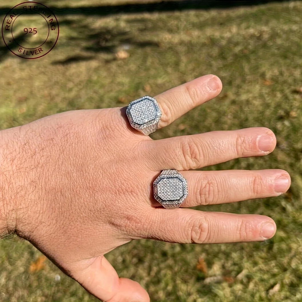 2025 جديد عصري للرجال مثلج خارج الزركون المثمن الهيب هوب العنقودية الخنصر الصلبة 925 فضة خاتم الزواج الفرقة