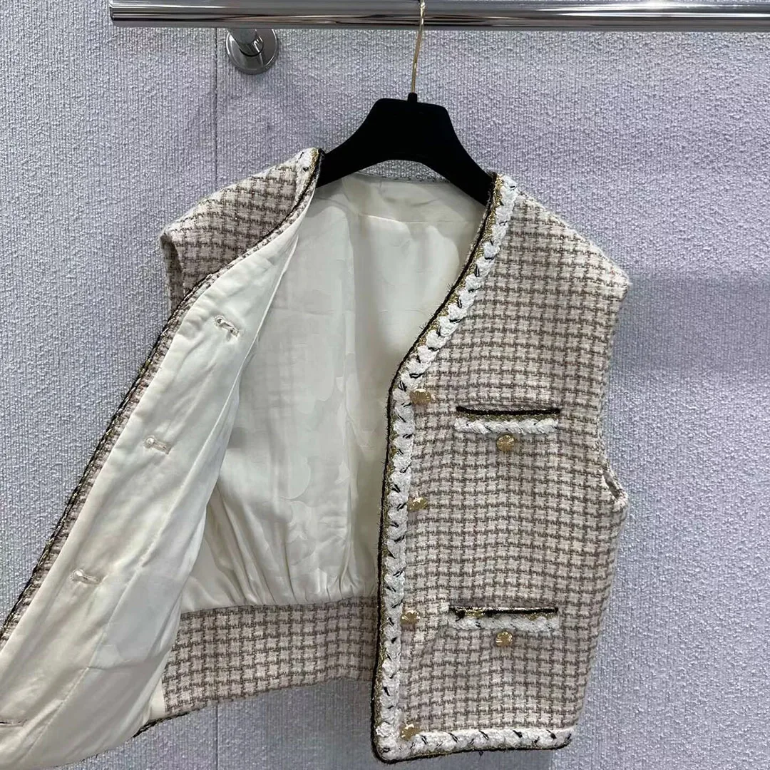New Spring Fashion Gold Thread Woven Plaid Wool Blends Tweed Vest Jacket Women V-neck Single Breasted Sleeveless Cute Short Tank