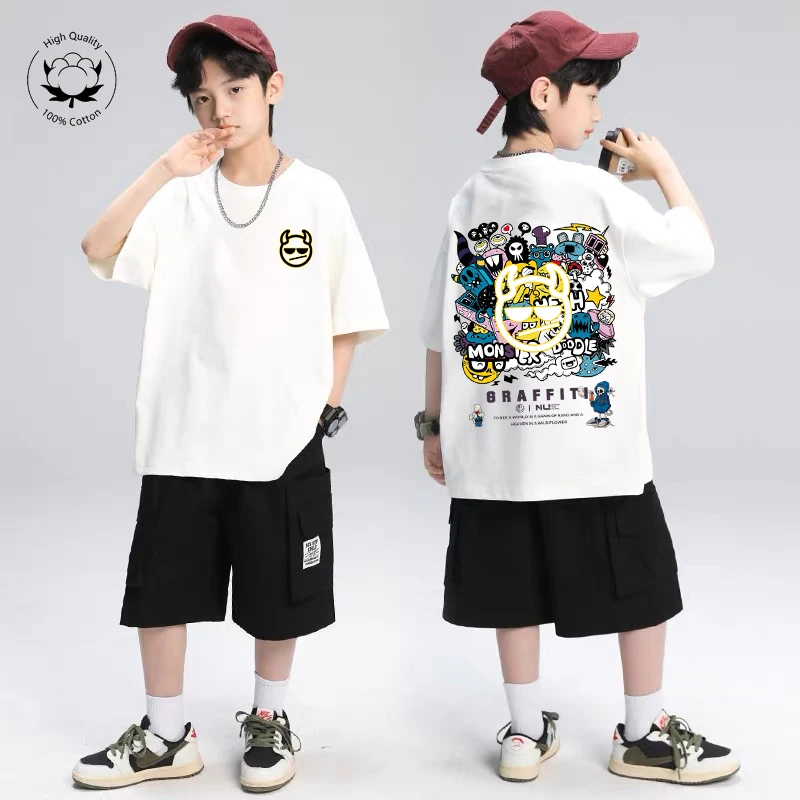 

Kids Clothes Boy Pure Cotton Top Hip-hop Street Graffiti Print T-shirt Oversized Short Sleeves Tee Children's Clothing 2025