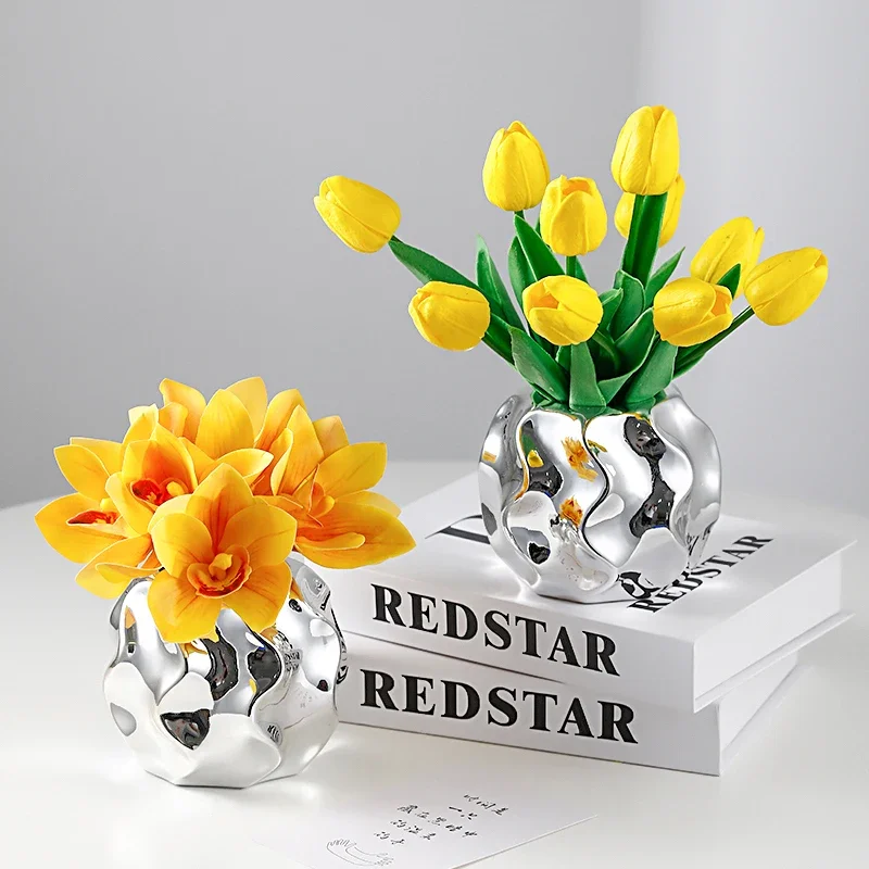 Electroplating Curved Vase Ceramic Arrangement Container Room Irregular Decoration