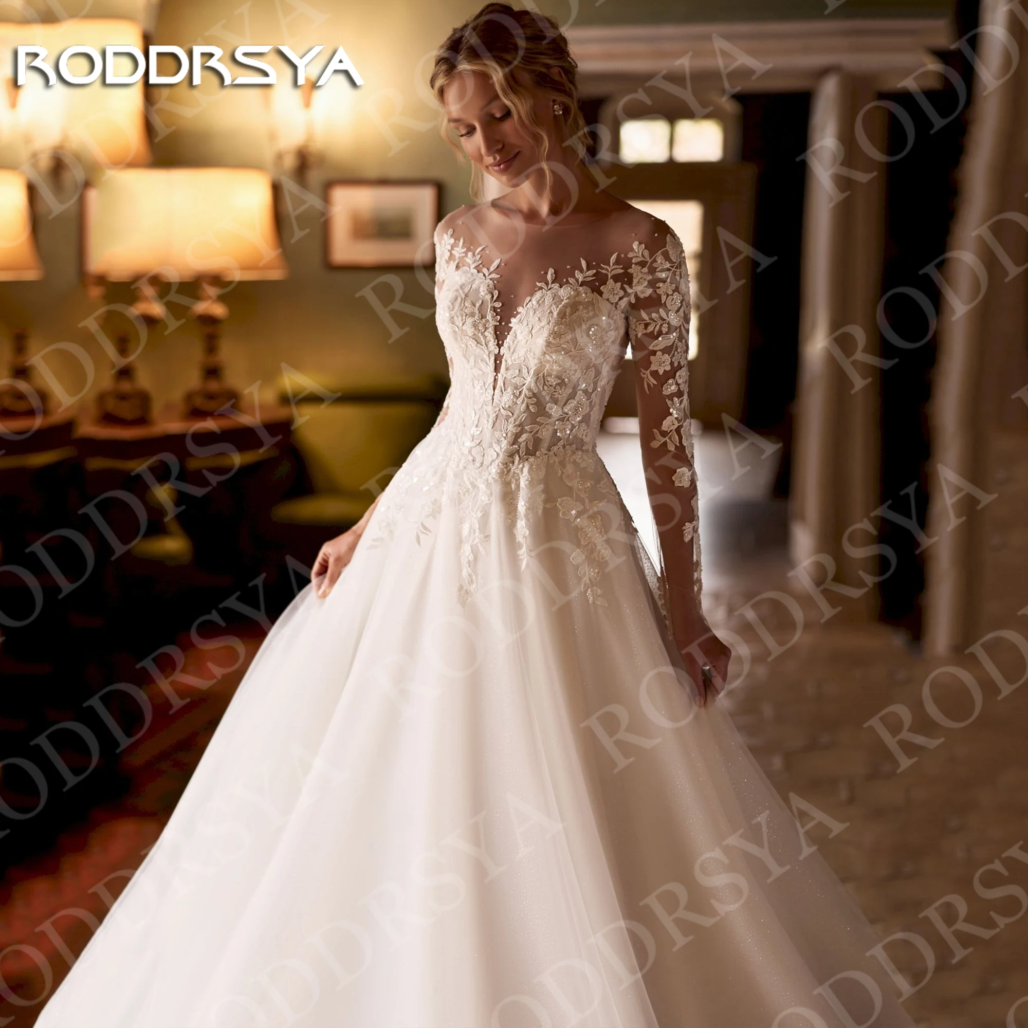 RODDRSYA Princess Wedding Dress Long Sleeves Illusion Vintage A Line Sparkly Tulle Bridal Dresses Customized Vestido Novias 2026