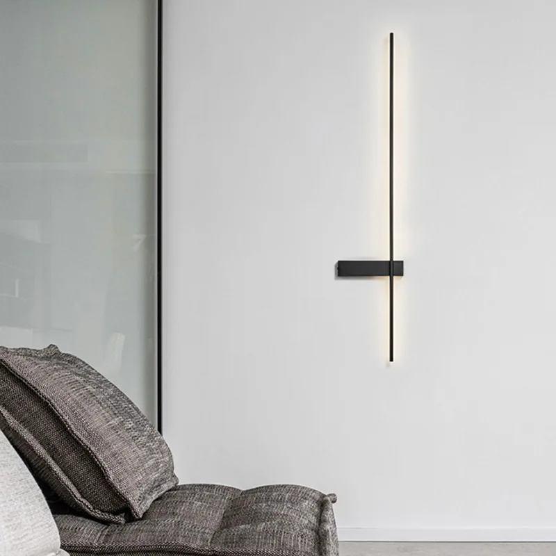 

Modern minimalist long wall lamp All copper high-end black line designer Nordic living room bedroom bedside wall lamp