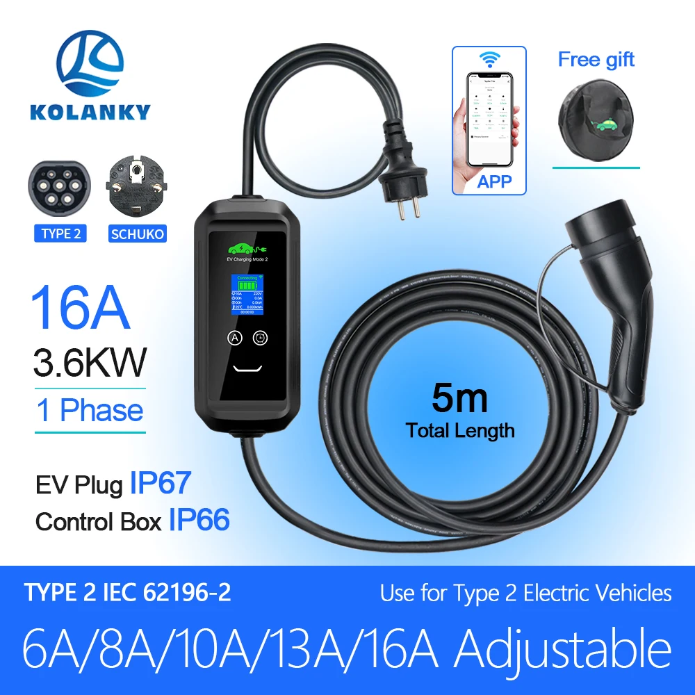 KOLANKY Portable EV Charger Type2 IEC62196-2 16A 3.6kw Tuya APP EVSE Charging Cable  Plug Wallbox for Electric Car 5M