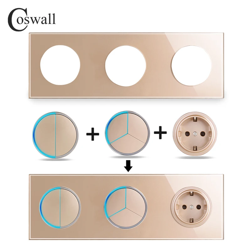 COSWALL LB Series Gold Tempered Glass Panel On / Off Wall Light Switch With Blue Large Aperture Backlight DIY Module