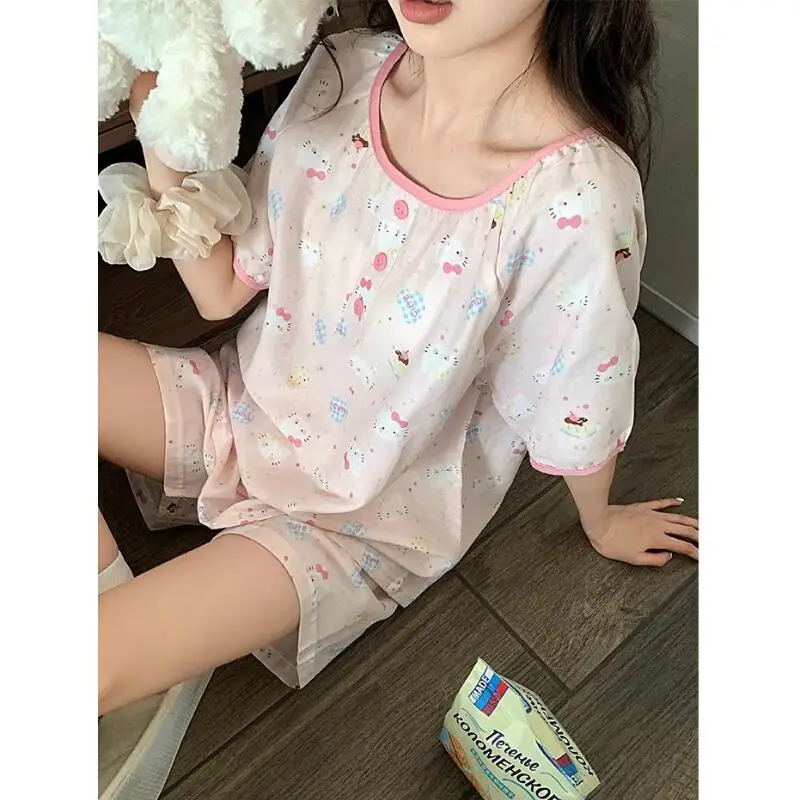 

Hello Kittys Pajamas Cartoon Fashion Casual Home Cute T-Shirt Shorts Two-Piece Women Round Neck Household Clothes Kawaii