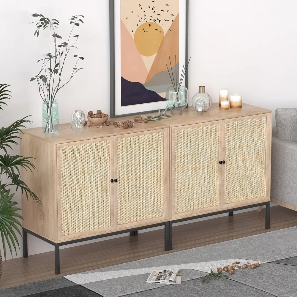 XIAO WEI Sideboard Cabinet with Handmade Natural Rattan Woven Doors, Rattan Cabinet Console Table Storage Cabinet Buffet