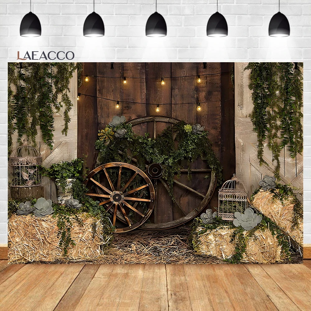 Laeacco Vintage Rural Barn Backdrop Haystack Rustic Farm Bike West Style Cowboy Adult Birthday Portrait Photography Background