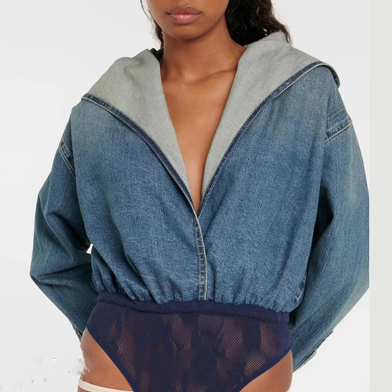 

2024 Spring New Washed Denim Hooded Spliced Lace Jumpsuit High Quality Ladies Tops Fashion Sexy Jacket y2k