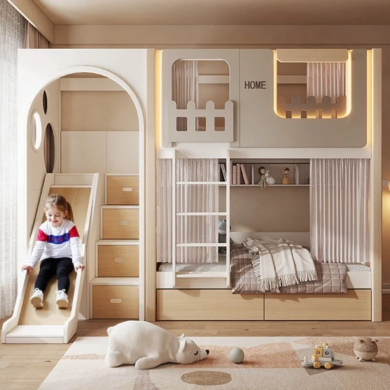 Solid Wood High Low Bunk Bed Simple Twin Frame with Slide Two-Tier Teen Game Room Loft Apartment Space Saving Furniture Set