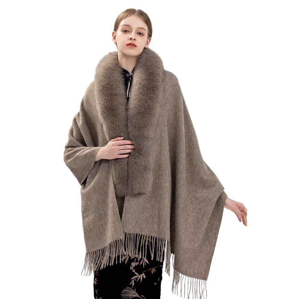 Elegant Women's Winter Shawl Genuine Fox Fur Collar Solid Color Winter Cashmere Wool Wrap