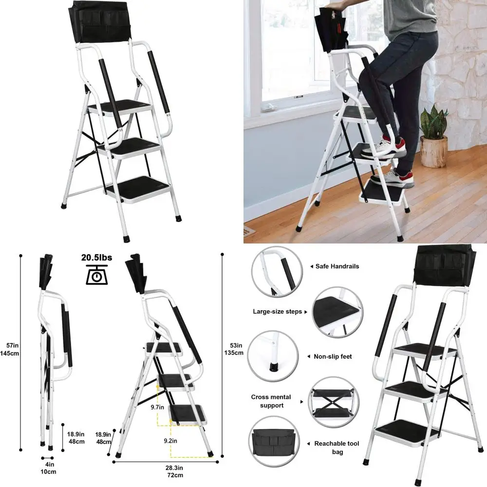 손잡이가 있는 접이식 3단 사다리 - 500파운드 용량, 강철 프레임, 안전 측면 손잡이, 가정용 주방 사용에 이상적