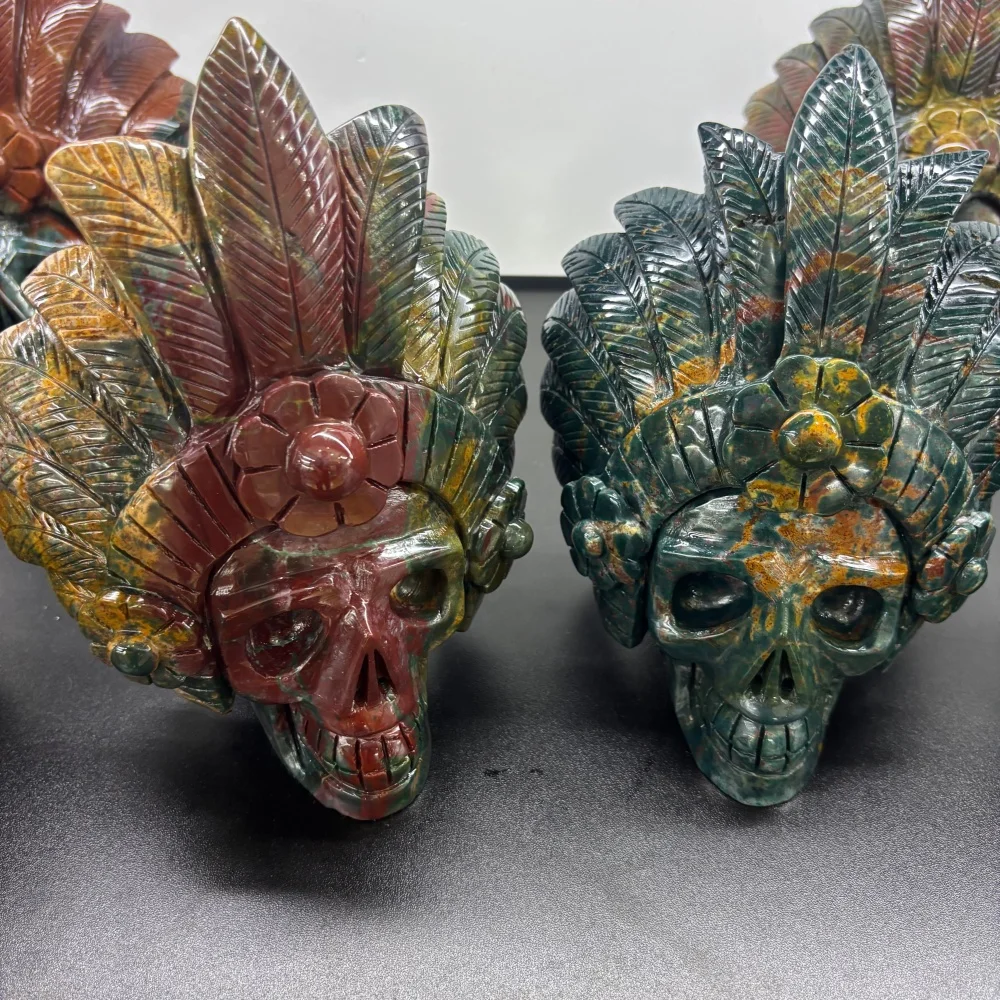 1PCS Natural Quartz Ocean Jasper Indian Skull Statue Carving Feng Shui Healing Home Decor Lucky Gift Fashion Feng Shui Decoratio