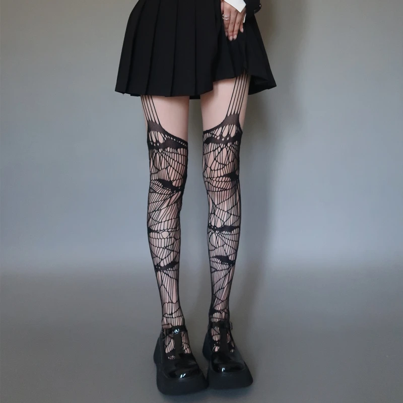 Gothic Bat Web Long Stockings Female Fishnet Socks Harajuku Bat Cosplay Pantyhose Tight Lolita for Dress Medias De Mujer