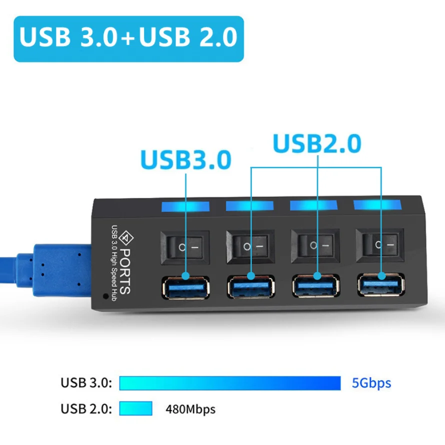 USB-концентратор 4-в-1 USB 3.0 2.0 Концентратор с несколькими USB-разветвителями и независимым переключателем 4-портовый USB-концентратор для ПК Аксессуары для ноутбуков