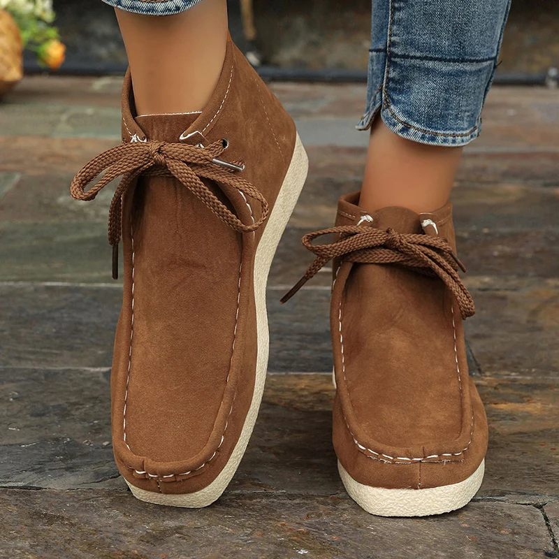 Women\'s Solid-color Flock Flat Boots Leisure Lace Up Soft Sole Shoes Boats Comfortable Lightweight Non Slip Ankle Boots