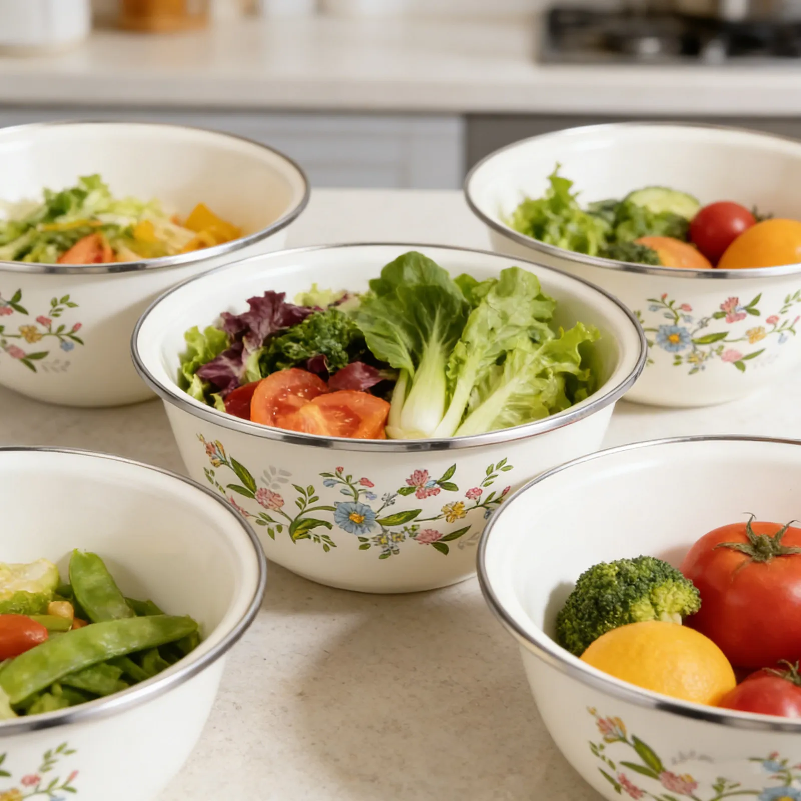 

5Pcs Enamel Bowl Set 14Cm 16Cm 18Cm 20Cm 22Cm Vintage White Round Salad Fruit Serving Mixing Bowls Heat Cold Resistant