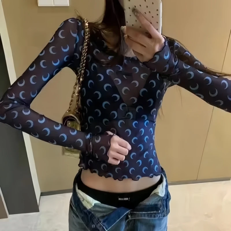 Lässiges Transparentes Hemd für Damen Langarm Mesh Crop Top Schlanke Elastische Bluse Y2K Sexy Rüschen T-Shirt