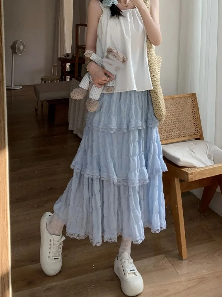 Goth Lolita Letnia Spódnica z Wysokim Stanem, Asymetryczna, Marszczona, Plisowana, Słodka Kawaii Biała Czarna Długa Spódnica Damska Koronkowa Spódnica Szydełkowa