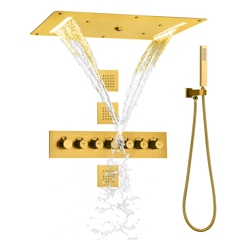 

Top Quality Gold Brass Waterfall Rainfall Wall Mounted 600*800mm Shower head Set Luxury Golden Shower faucet set Bathroom shower