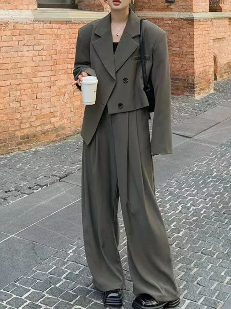 

Insozkdg 2024 Autumn Winter Grey Irregular Oversize Lapel Long Sleeve Blazer + Wide Leg Pants Two Piece Sets New Women Fashion