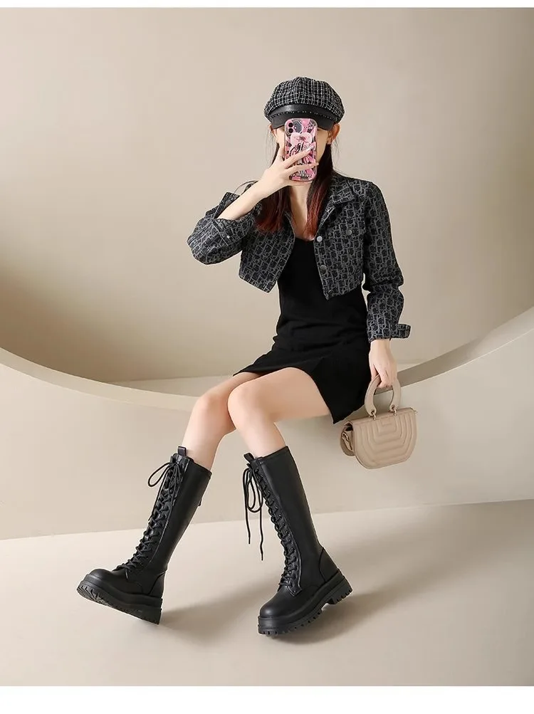 Knee-high  Boots Women's New Style Thick Bottom Cross Buckle High Tube Boot Korean Style Fashion Boots for Young Women