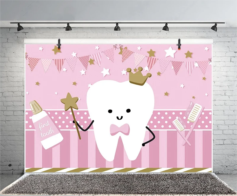 Pink First Tooth Photo Backdrop Baby Shower Newborn Boys Girls 1st Birthday Party Photography Background Cake Decor Banner