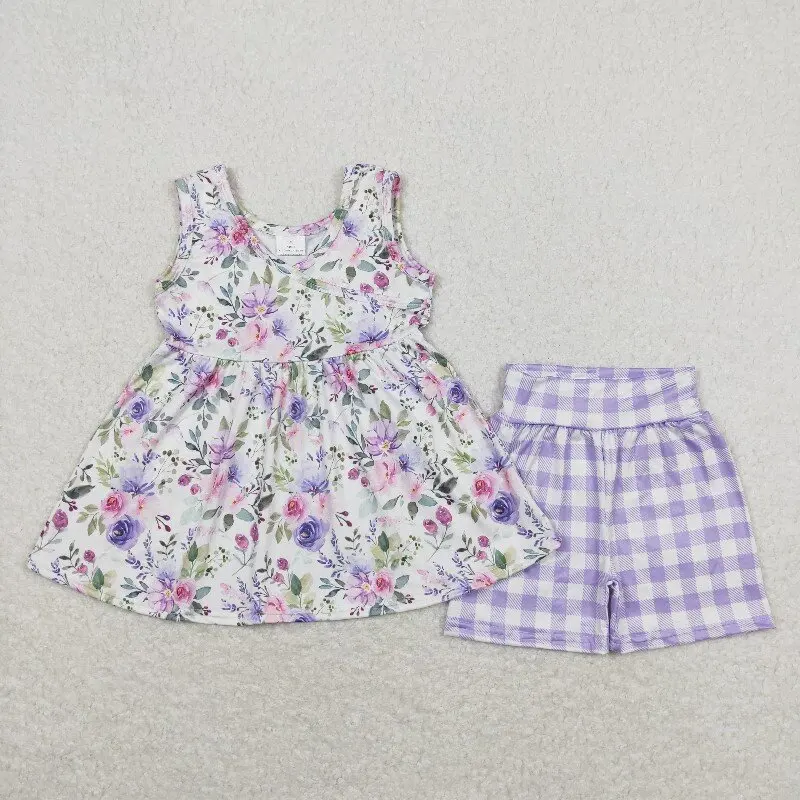 

X12.19 GSSO0742 Wholesale baby girl summer floral white sleeveless purple plaid shorts set