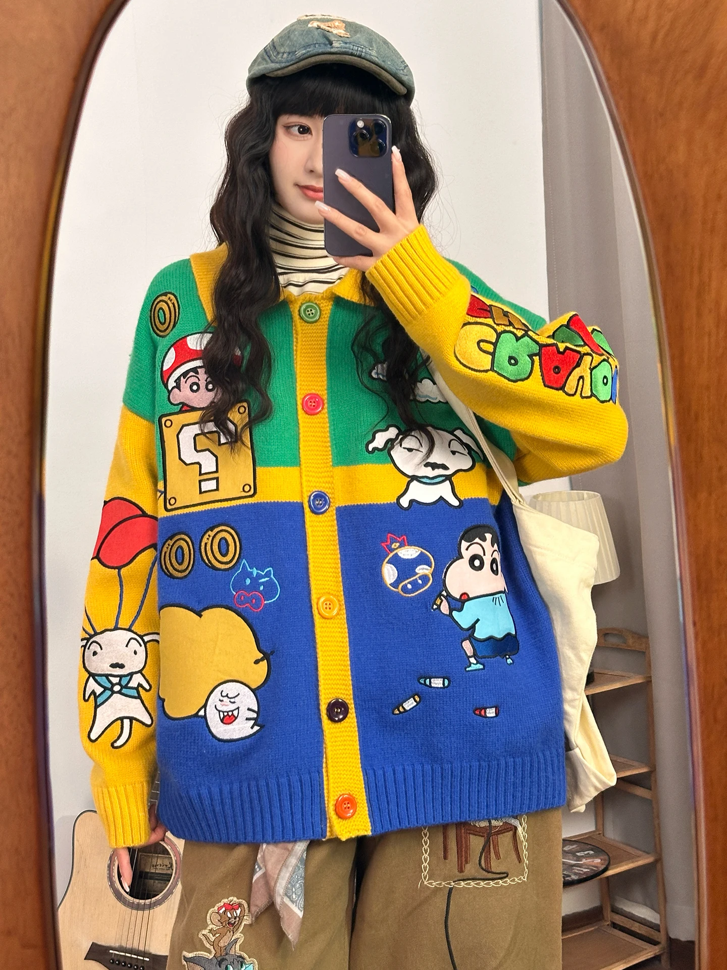

Thickened Heavy Embroidery Street Style Women's Knitted Sweater Autumn Winter Loose Fit Cartoon Patterned Cardigan Coat