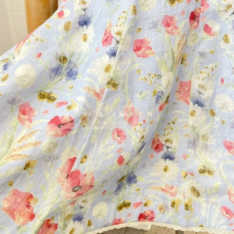 Floral Print Sleeveless Sling Pleat Backless Lace Patchwork Mini Dress 2025 Linen