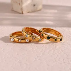 18K Gold Plated Green Clear Zircon Pearl  Rings For Women Waterproof Hypoallergenic Dainty Gold Ring Stainless Steel Jewelry