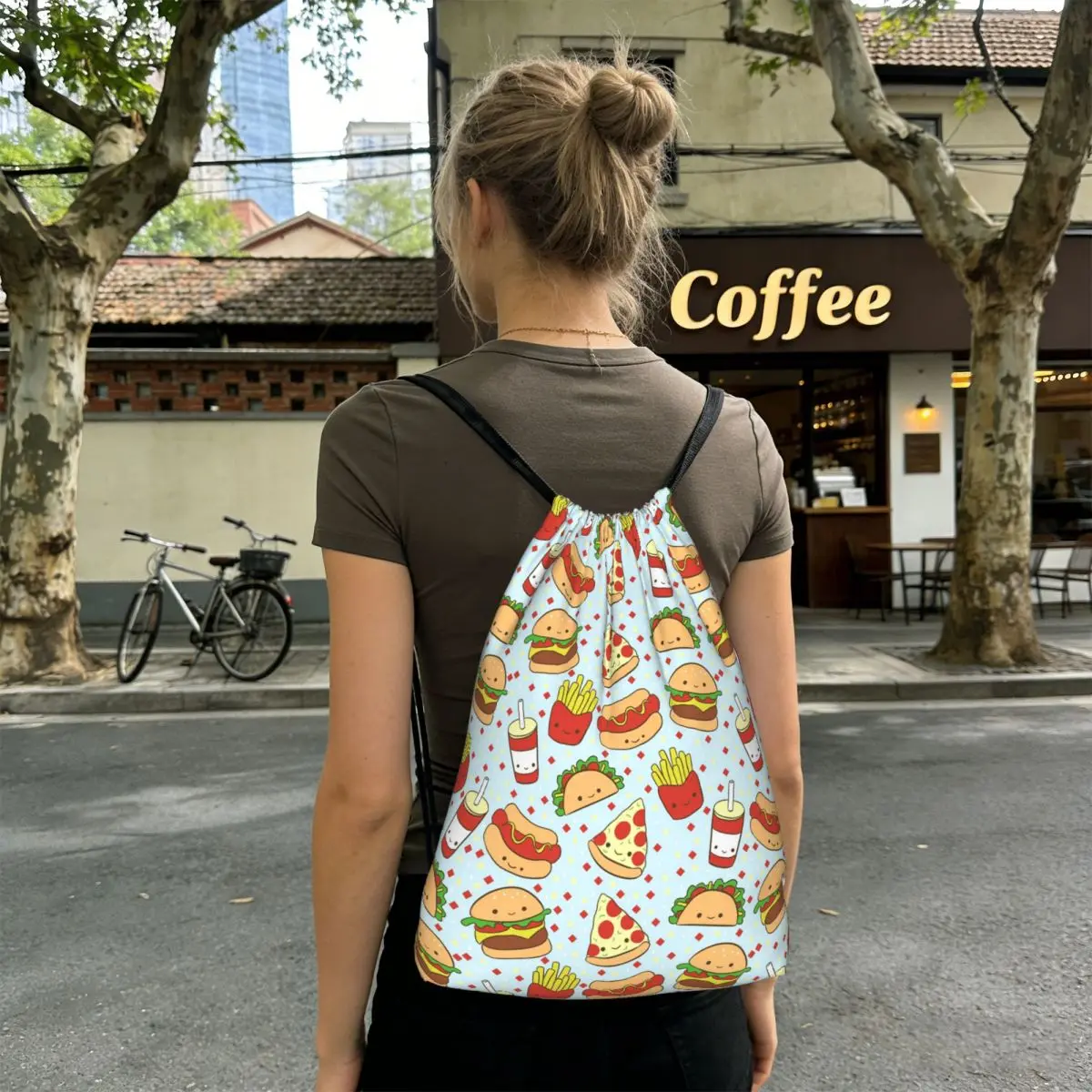 Cute Hamburger Food Pattern Backpacks Multi-function Drawstring Bags Sports Bag Book Bags for Travel Students