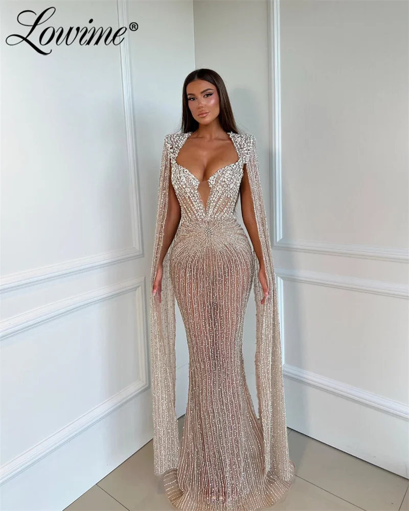 2024 Dubai Design Champagne Evening Dress Cape Sleeve Heavy Bead Sequined Customized Prom Dress Arabic Mermaid Celebrity Dresses