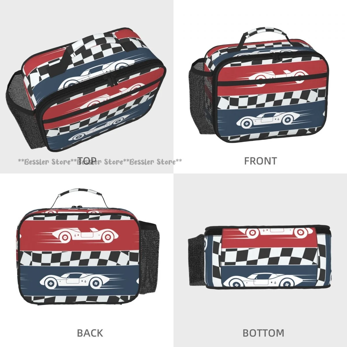 Portable Horizontal Insulated Lunch Tote Bag Vintage Race Cars On Checkered Flag Thermal Food Storage Handbag