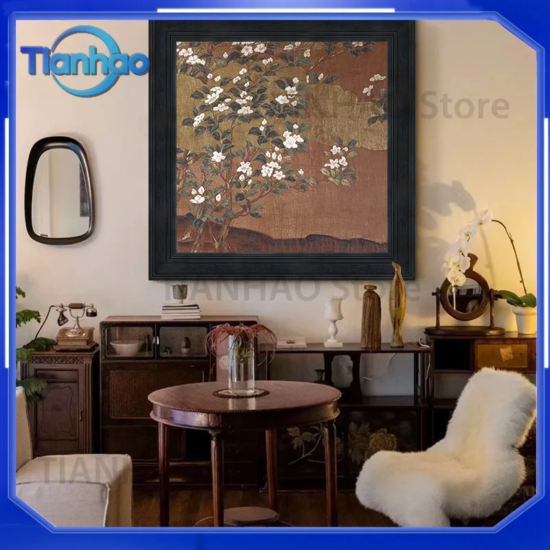 Hand-painted Vintage Oil Painting for Living Room Sofa Wall Decoration in Song Dynasty Aesthetic Floral Style for American