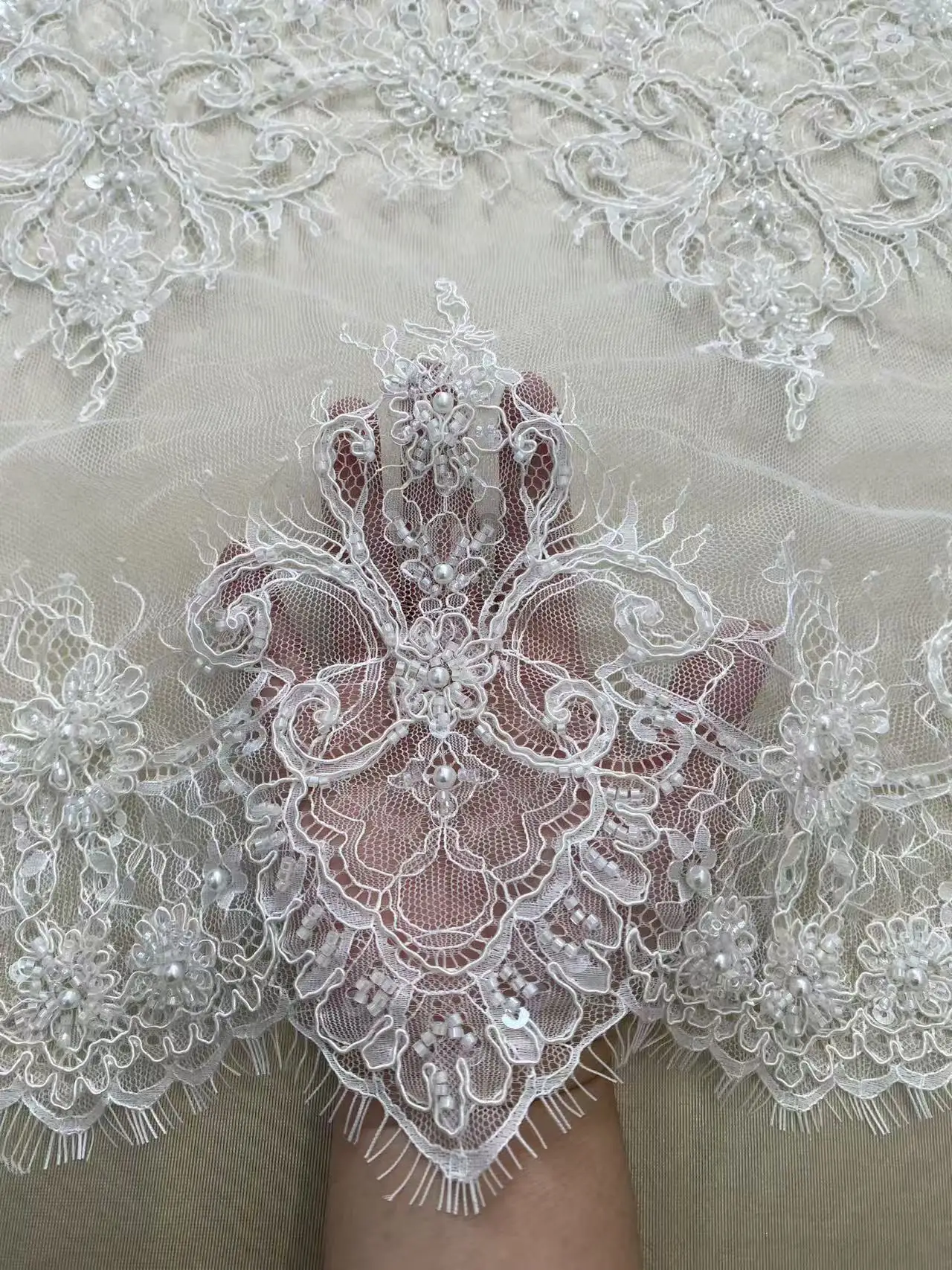 3 Meters French Chantilly Lace Trims with Double Side Scalloped, Beaded Lace Trim, Bridal Lace Fabric, Veil Lace, Wedding Lace