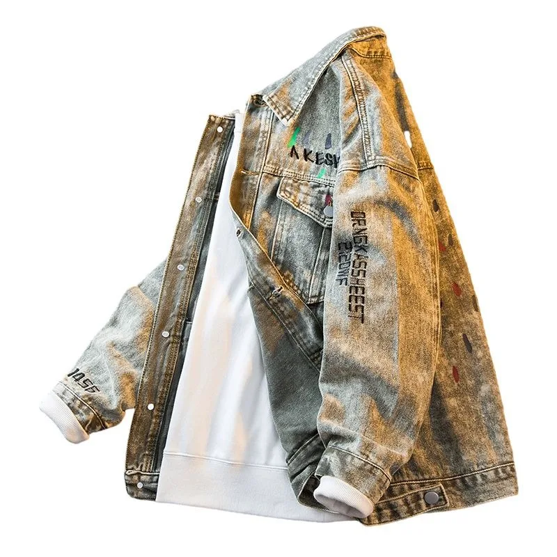 Men's clothing American retro distressed denim jacket Men's trendy loose embroidered jacket top streetwear