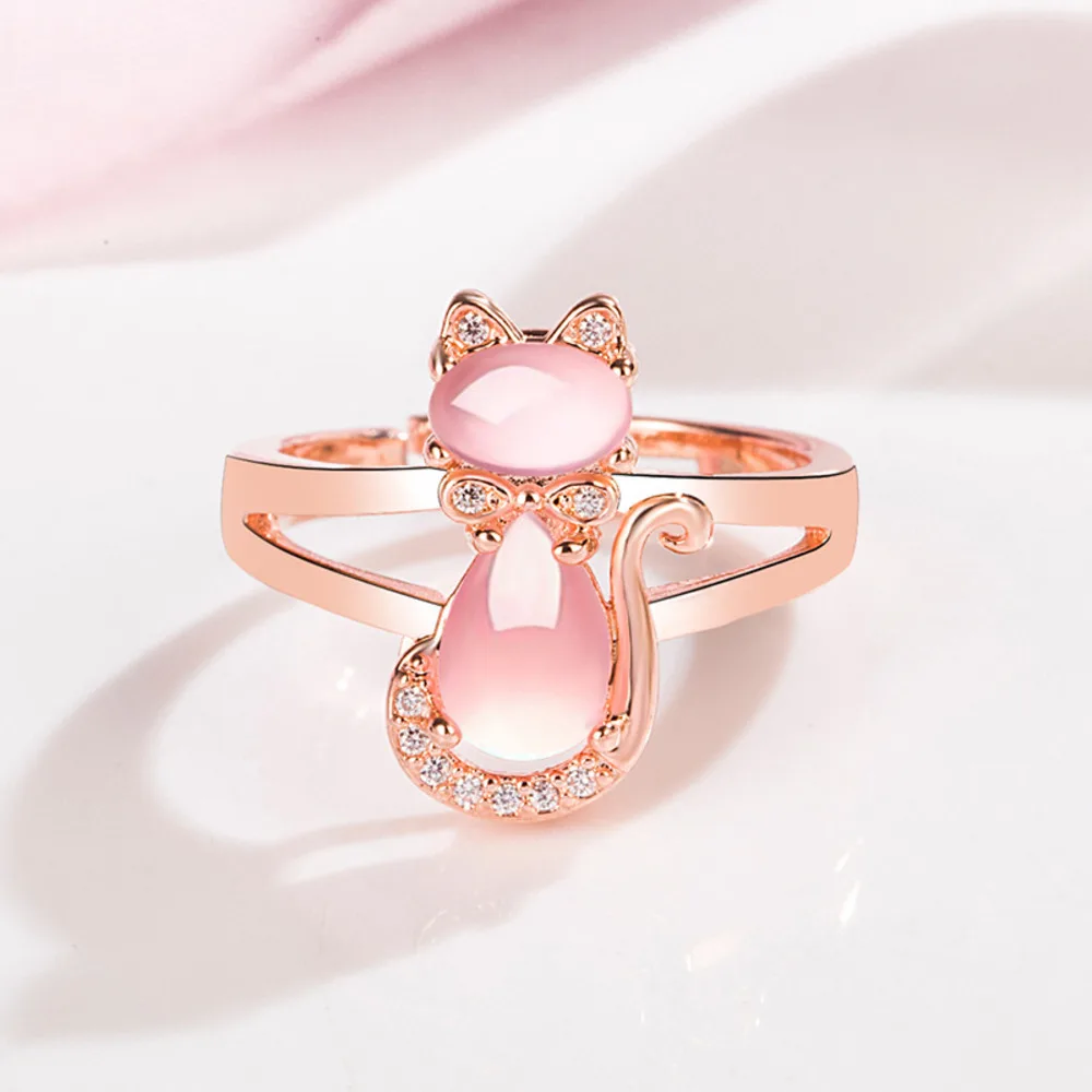 WOSIKATE Korean Pink Crystal Cat Ring For Women Fashion Jewellery 925 Sterling Silver With Rose Gold Plated Adjustable Ring