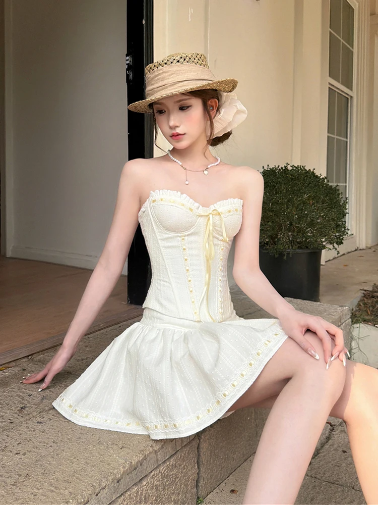 ReddaChic Cute Bowtie Corset Skirt Women Matching Set Party Puff Sleeve Boned Tube Top Ruffle Jacquard Mini Skirt Fromal Costume