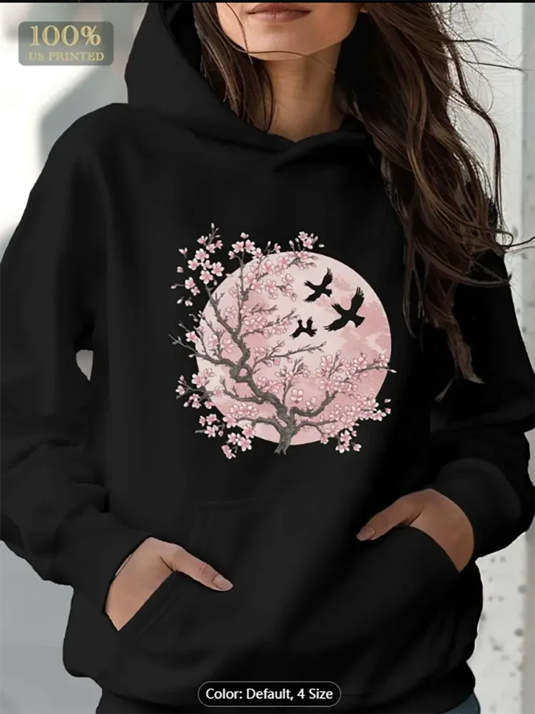 Sudadera con capucha con estampado de pájaros y flores de cerezo, jersey suave, suéter con capucha de manga larga para mujer, diseño floral japonés informal