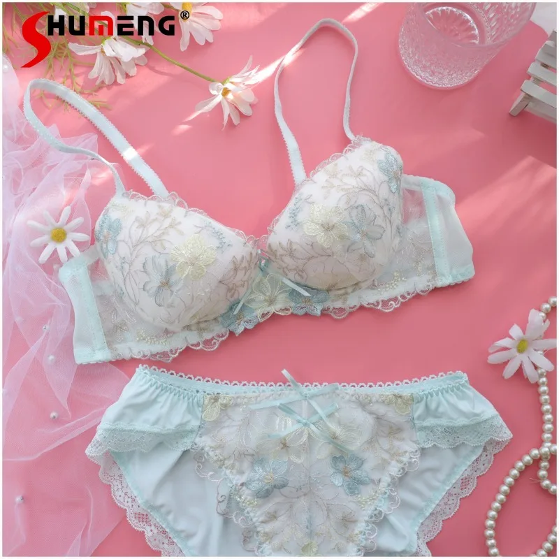 Dziewczęcy, słodki zestaw bielizny push-up w stylu japońskim, z fiszbinami, siateczką, haftem, seksowny komplet biustonosza, damskie majtki w kwiatowy wzór.