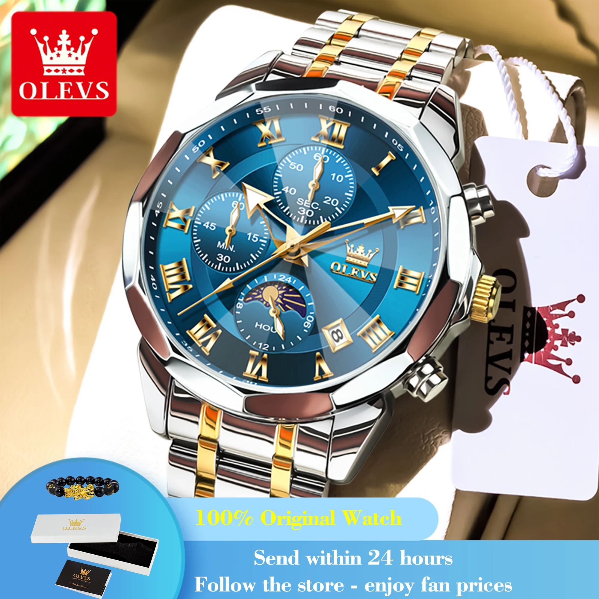 

OLEVS 3675 Man Watch Rhombus Mirror Date Quartz Watch For Men 43mm Big Dial Chronograph Waterproof Moon Phase Luxury Wristwatch