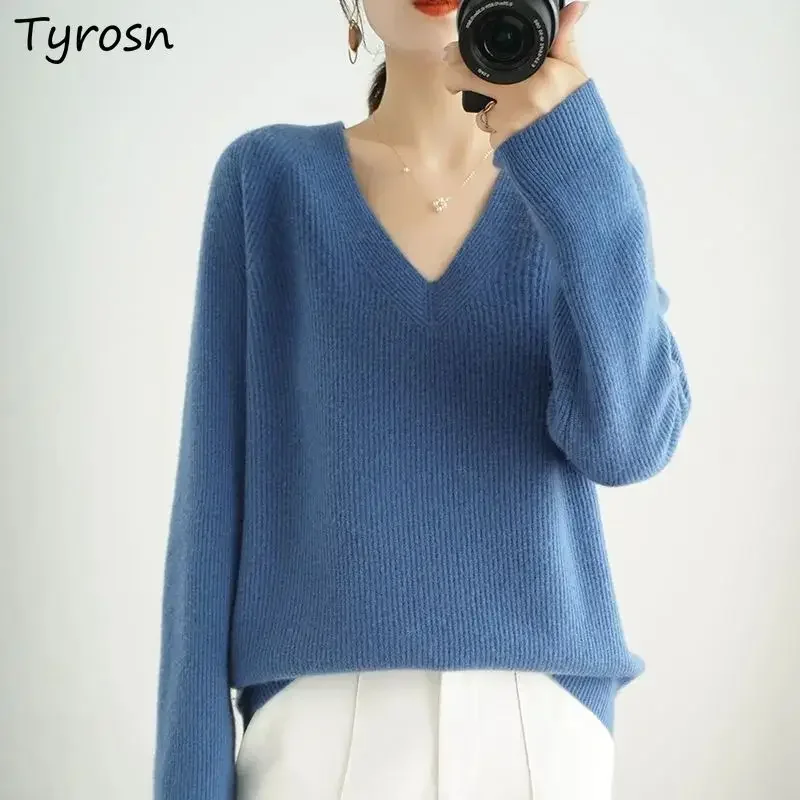 

V-neck S-3XL Sweater Pullovers Women Knitting Minimalist 6-Colors Temper Ladies All-match Gentle Pull Femme Inside Basic Cozy