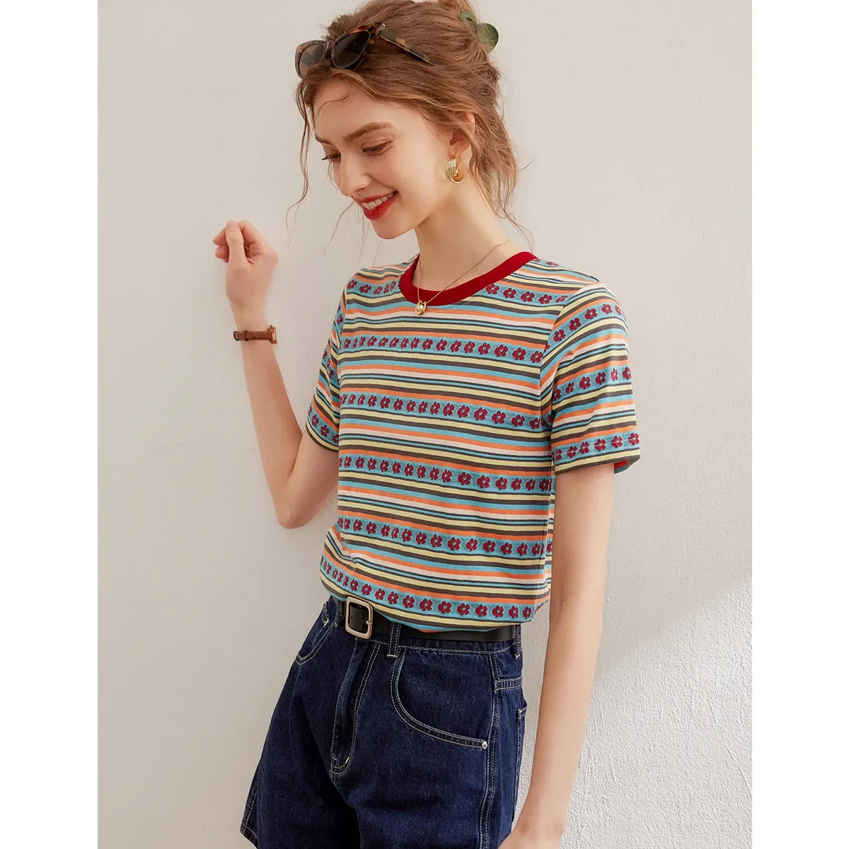 LOUIS YAO T-Shirt damski 2024 Summer Striped Little Flowers Cotton Tee O Neck Short Sleeve Sweet Casual Fashion Pullover Top