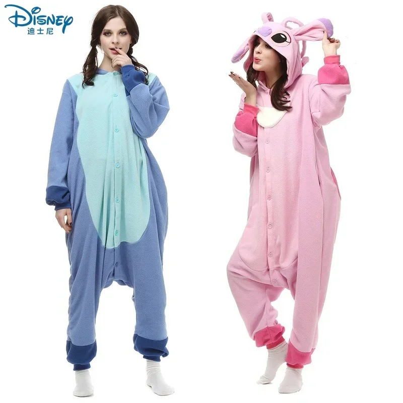 Disney Winter Plush Cartoon Cute Jumpsuit Pajamas Pink Angel Light Blue Stitch Couple Performance Dress Thickened Home Fury