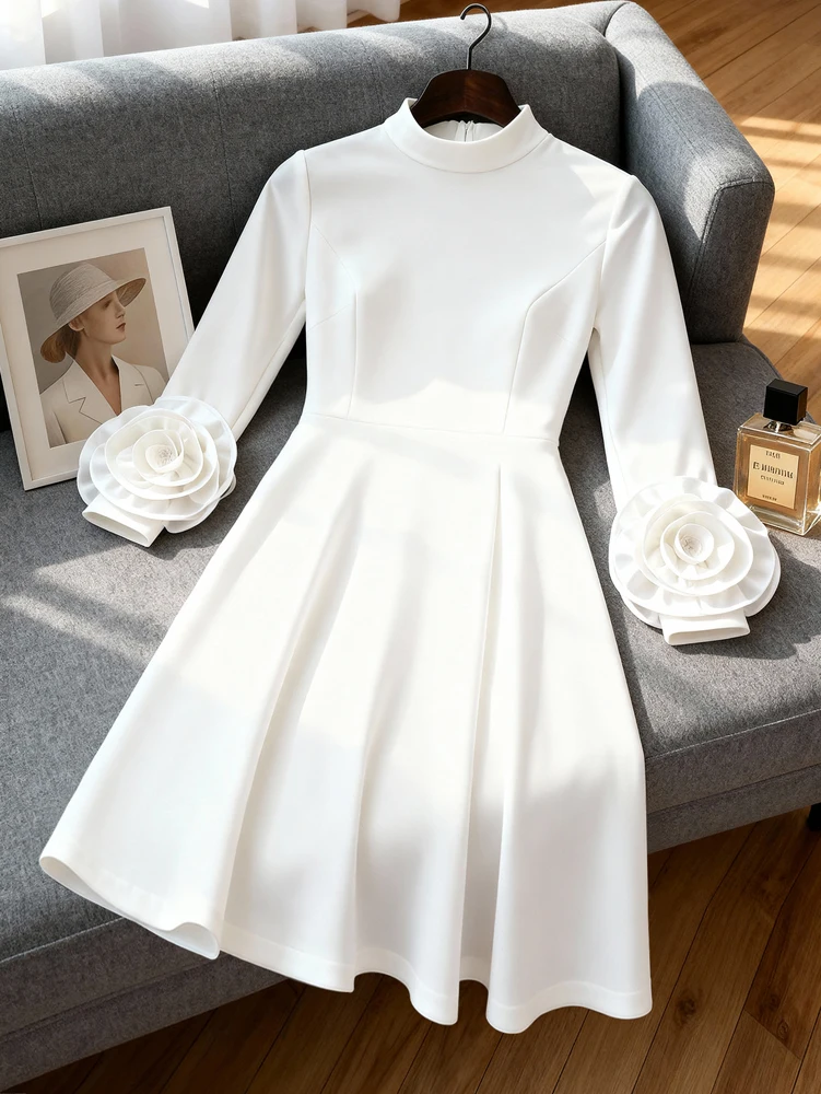 JENYAGE Damen schickes Midikleid mit hohem Kragen und langen Ärmeln, 3D-Rosenblüten-Manschetten, schmal geschnitten, A-Linie, einfarbig, dehnbar, elegantes formelles Partykleid – Detail 6