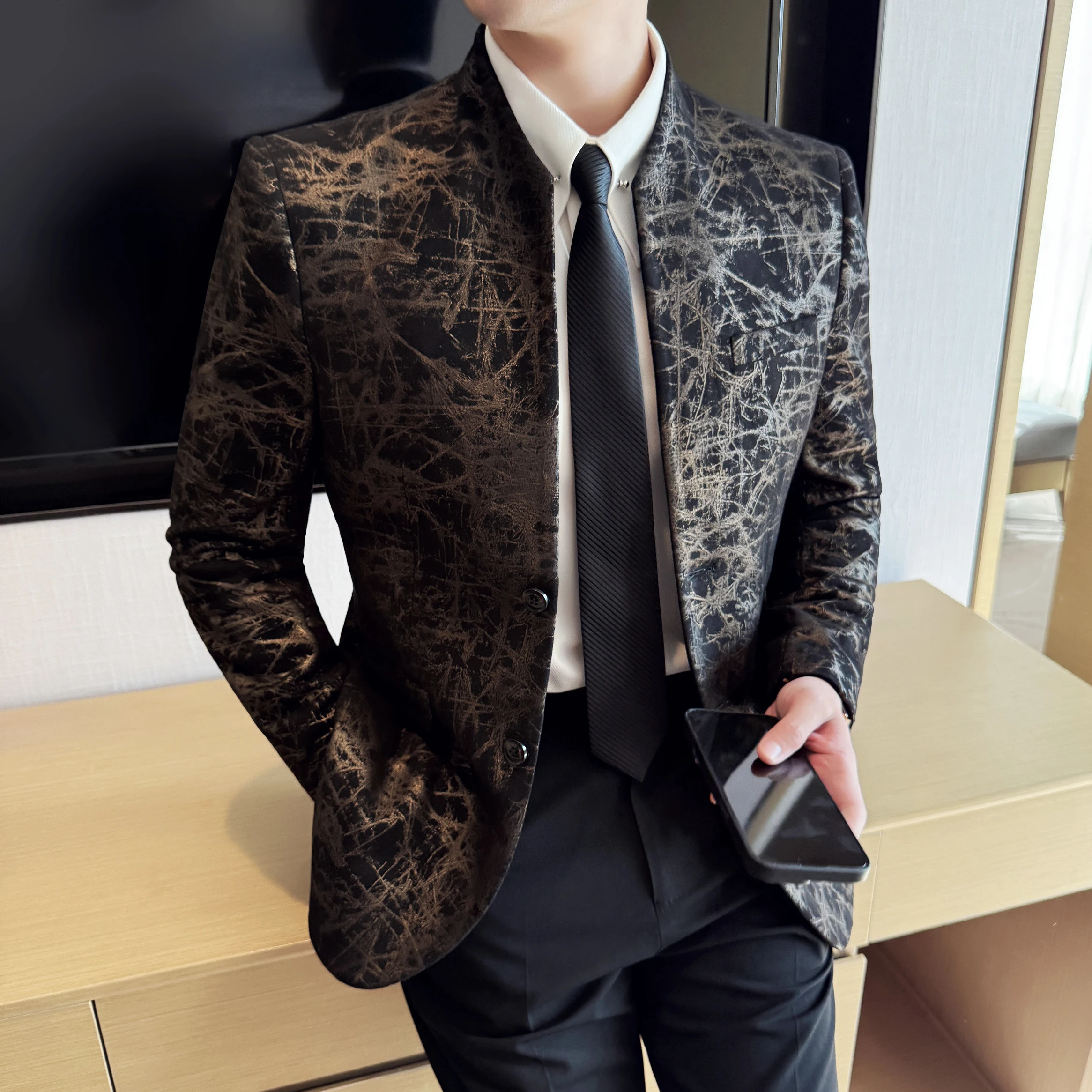 Nieuwe Chinese Stijl Opstaande Kraag Jacquard Pak Jassen Mannen Slanke Business Casual Mode Pakken Jas Formele Sociale Party Tuxedos