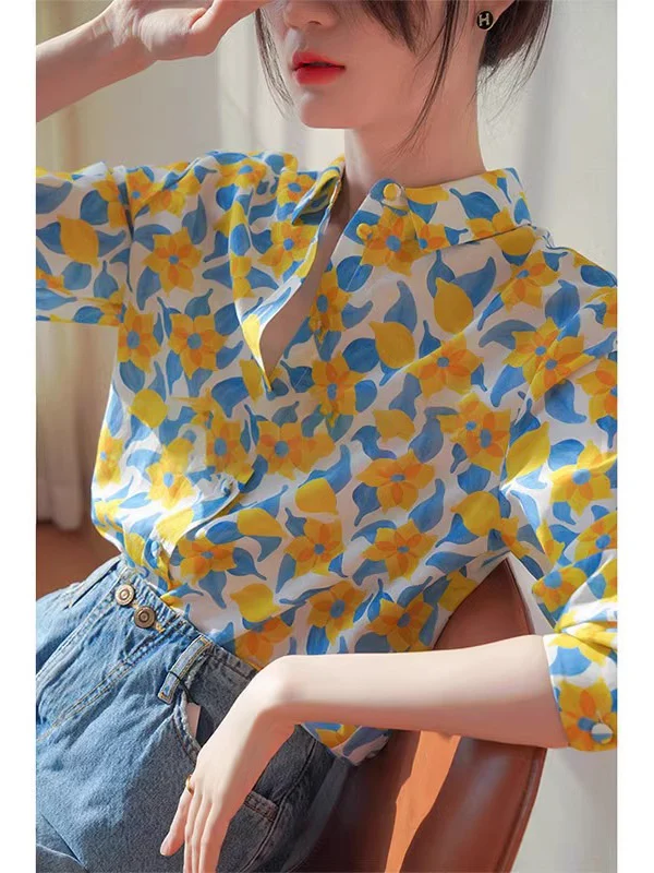 

Floral Print Chiffon Shirt Women's Spring Autumn Loose Long Sleeve Elegant Style Korean Version Office Commute Fashion