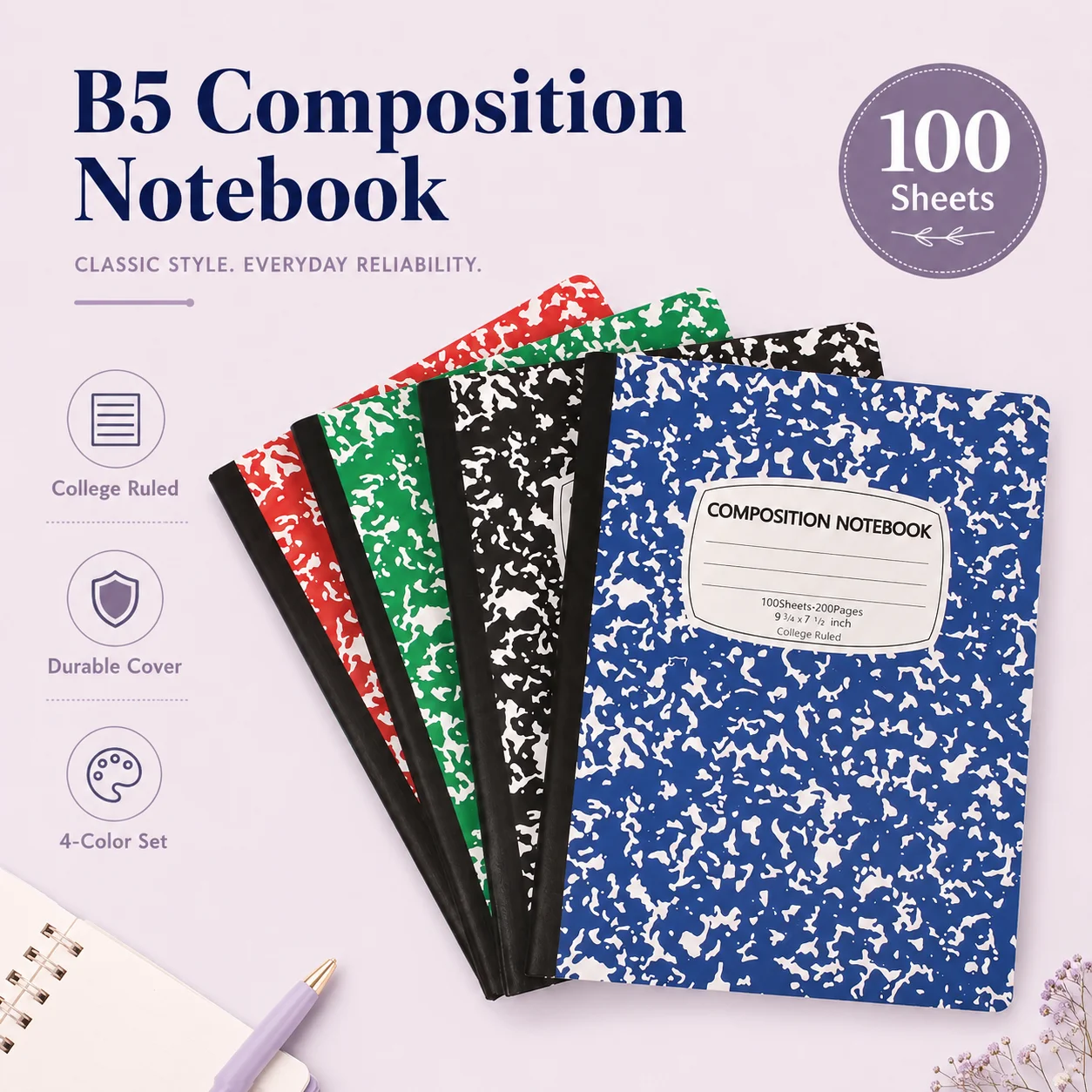 Colorful Marble Print Wide Ruled Composition Notebook Soft Cover Journal School Office Stationery for Students Adults