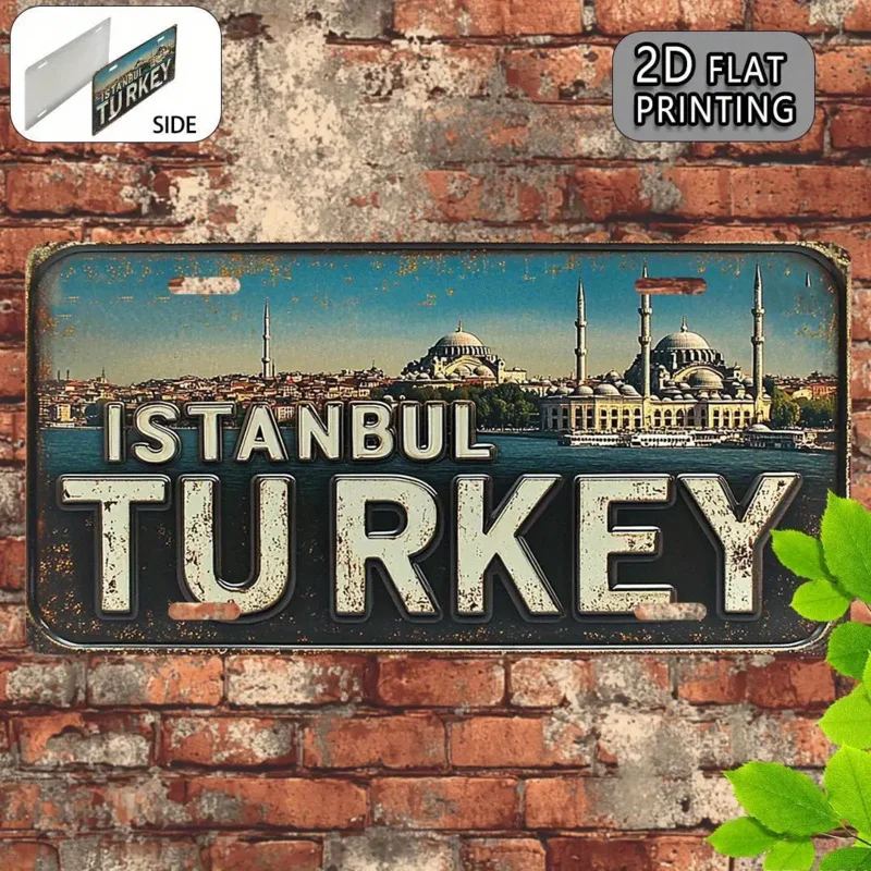 Letrero Metálico de Aluminio HD, Decoración de Pared Estilo Matrícula Vintage de Estambul, Turquía, Diseño Retro de Mezquita y Paisaje Urbano del Bósforo
